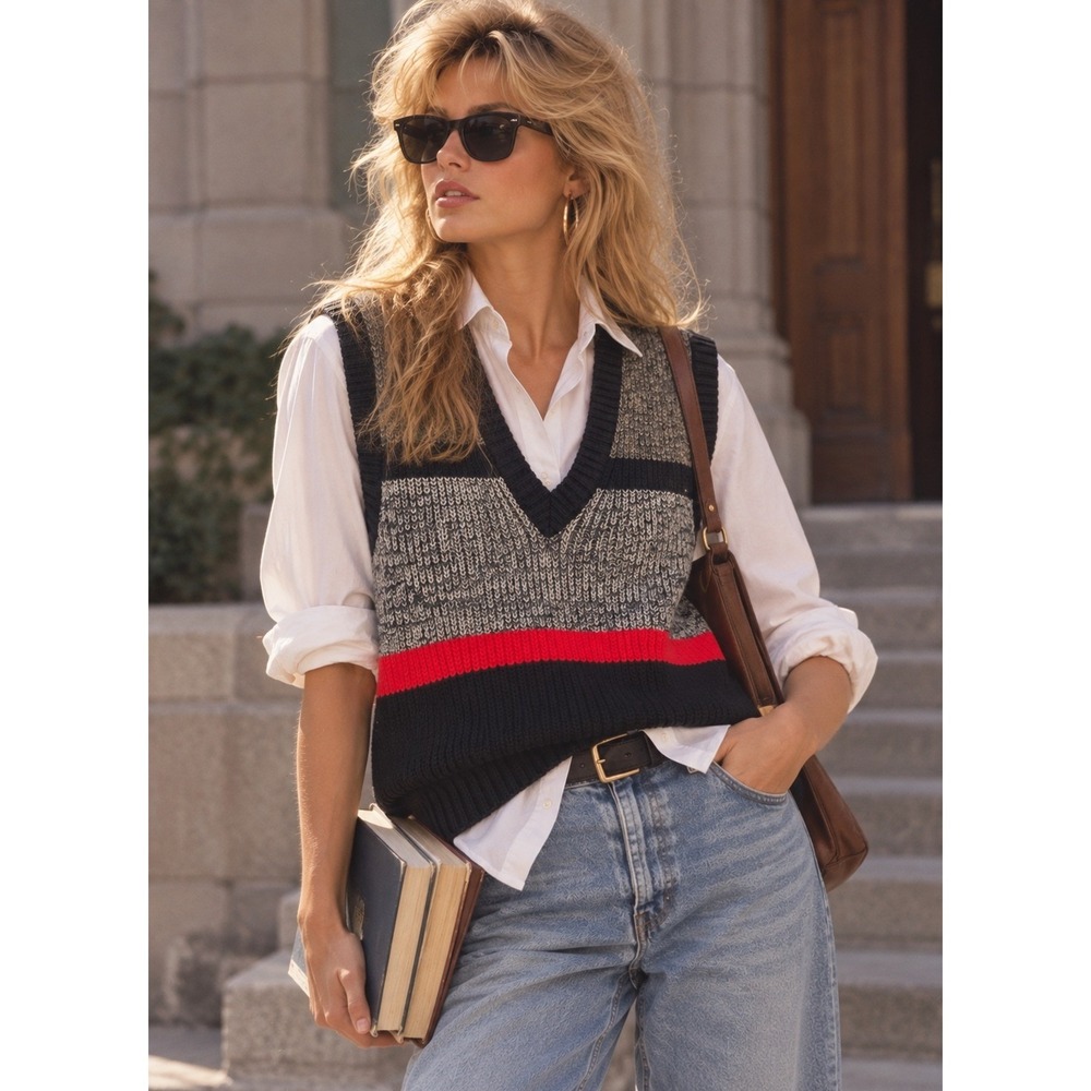 Vintage 80's 90's Striped Sweater Vest Deep V-neck S Retro Preppy Academia Knit